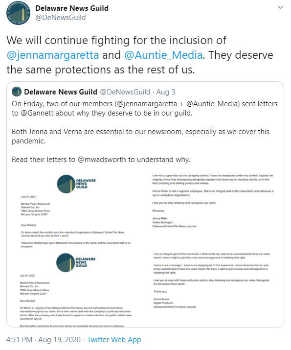 Delaware News Guild tweet, "We will continue fighting for the inclusion of Jenna Miller and Verna Porter. They deserve the same protections as the rest of us.
