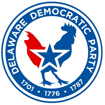 logo of the Delaware Democratic Party showing a stylized red white and blue hen with a single blue star superimposed on it