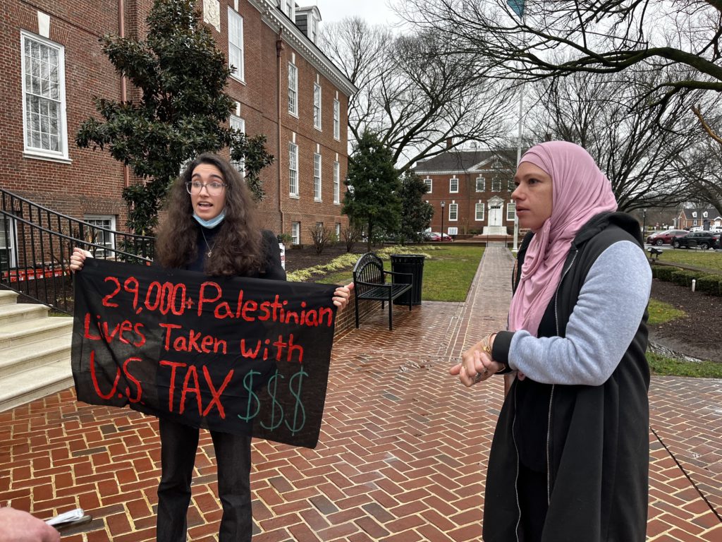 Michaelena DeJesus (right) and fellow pro-Palestinian activist Dounya Ramadan outside Legislative Hall in Dover on March 5, 2025, shortly after disrupting Gov. John Carney's State of the State speech.