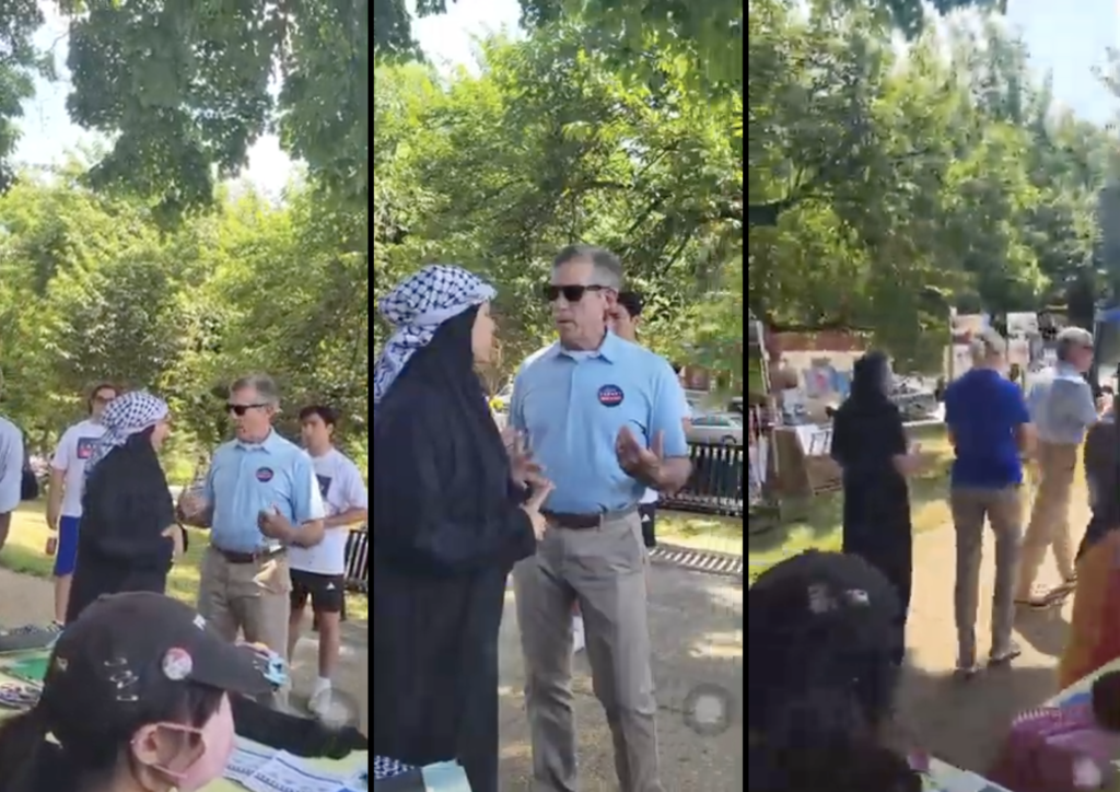 Screenshots from video of Michaelena DeJesus' initial encounter with Gov. John Carney in Tilton Park on June 22, 2024.