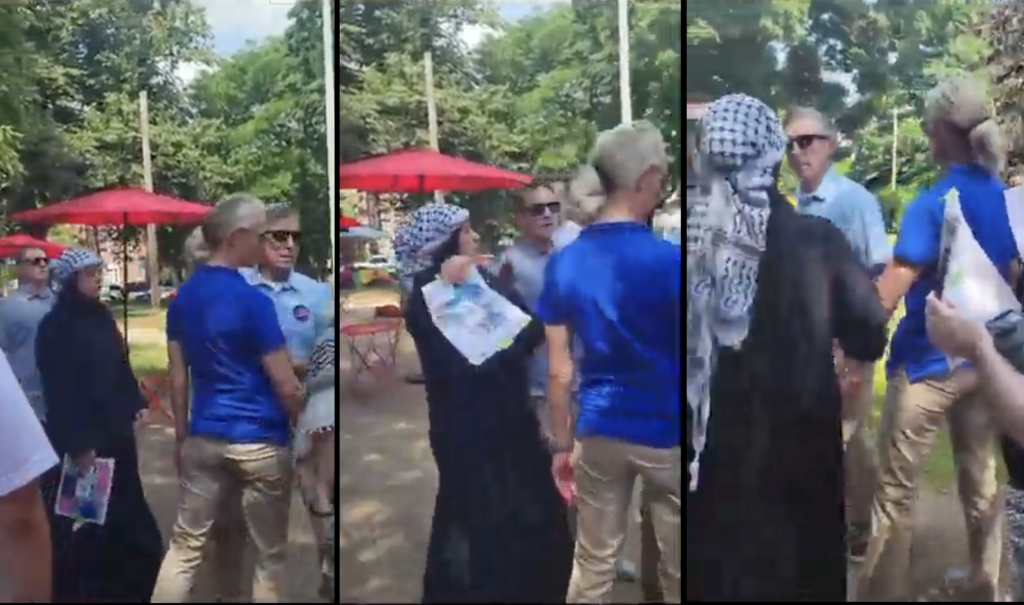 Screenshots from video of Michaelena DeJesus' second encounter with Gov. John Carney in Tilton Park on June 22, 2024. From left-to-right, as DeJesus is asking the governor a question, a plainclothes state police officer throws his arm into DeJesus, pushing her back.