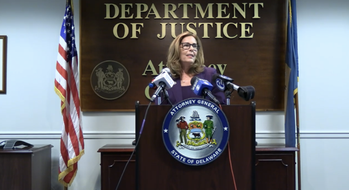 Delaware Attorney General Kathy Jennings giving a press conference in 2024.