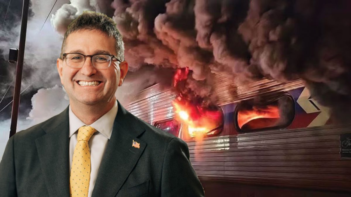 Delaware Gov. Matt Meyer and a burning SEPTA Silverliner