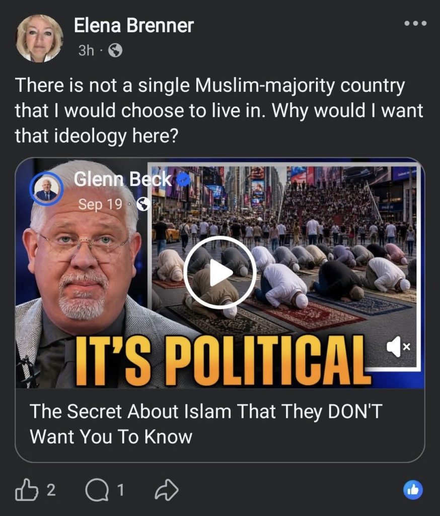 A screenshot of Appoquinimink School Board member Elena Brenner's Islamophobic post