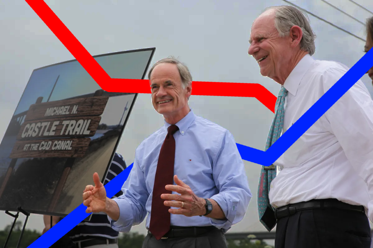 Photo of Delaware Politicians Tom Carper and Mike Castle laughing.